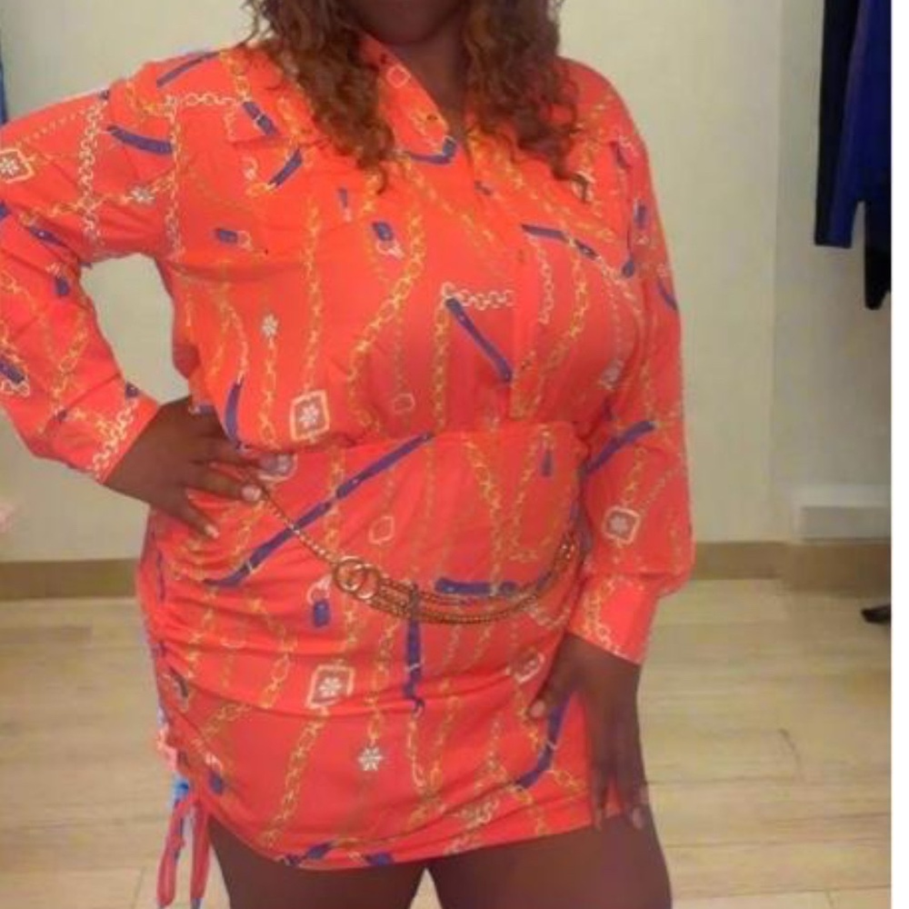 High Low Orange and Blue Dress with Abstract Pattern - Picture 2 of 2